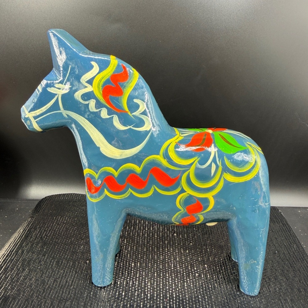 Vintage Akta Dalahemslojd Swedish Dala Horse Blue Hand Painted Wood Folk Art 7" - Picture 14 of 15